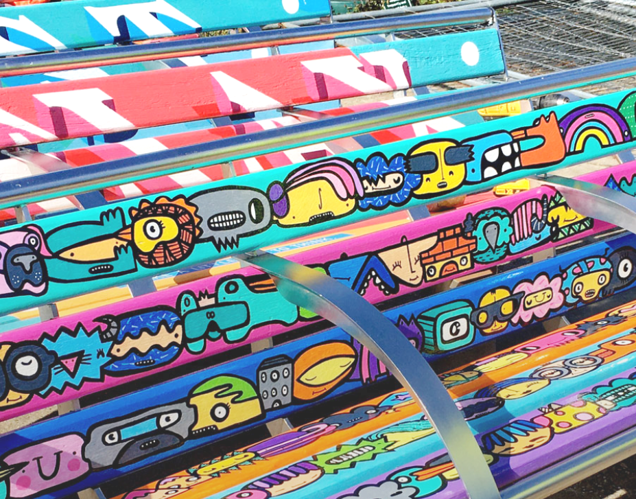 Brightly decorated bench after revitalisation